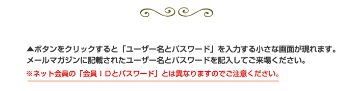 ボタンをクリックすると「ユーザー名とパスワード」の入力画面が現れます。メールマガジンに記載されたユーザー名
とパスワードを記入してご来場ください。